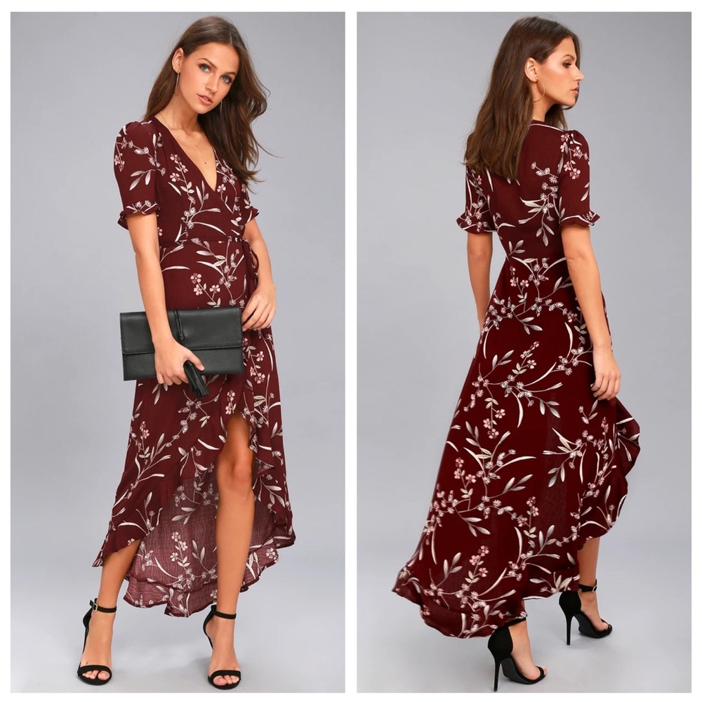 LULU’S Wild Winds Maroon Floral Print Wrap Dress